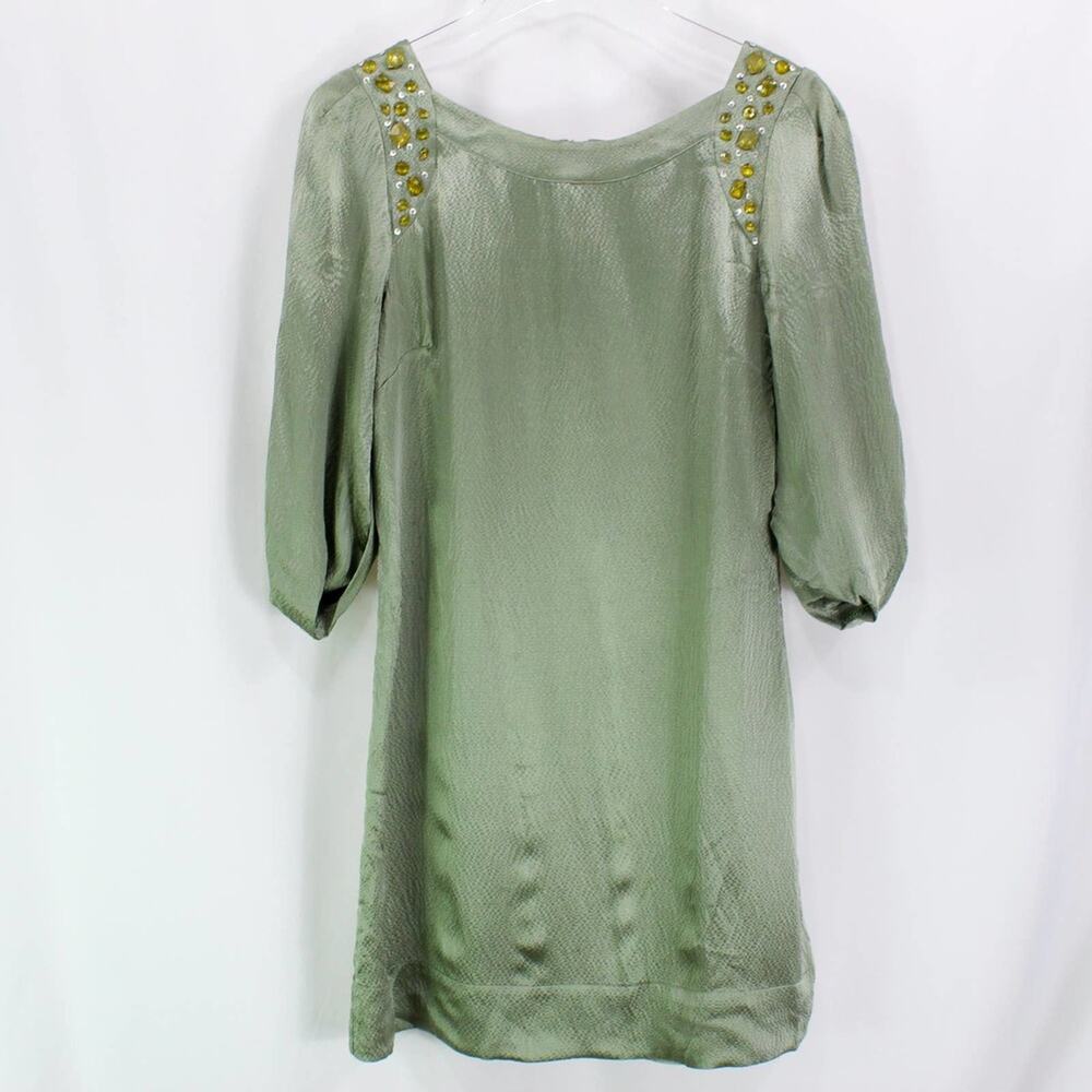 BCBGMAXAZRIA Green Silk Jeweled Boat Neck Mini Dress